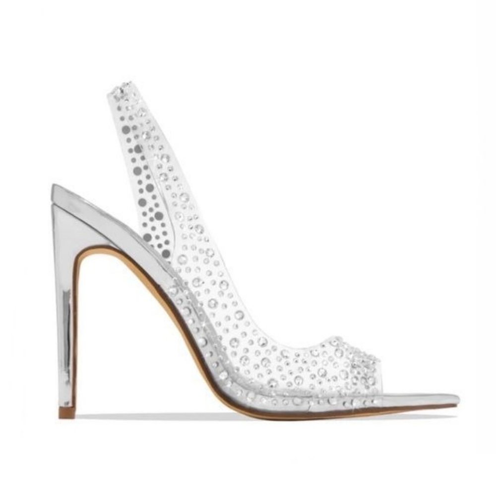 !! NEW !! Transparent Slingback Peep Toe Embellished Heels in Silver - Picture 3 of 6